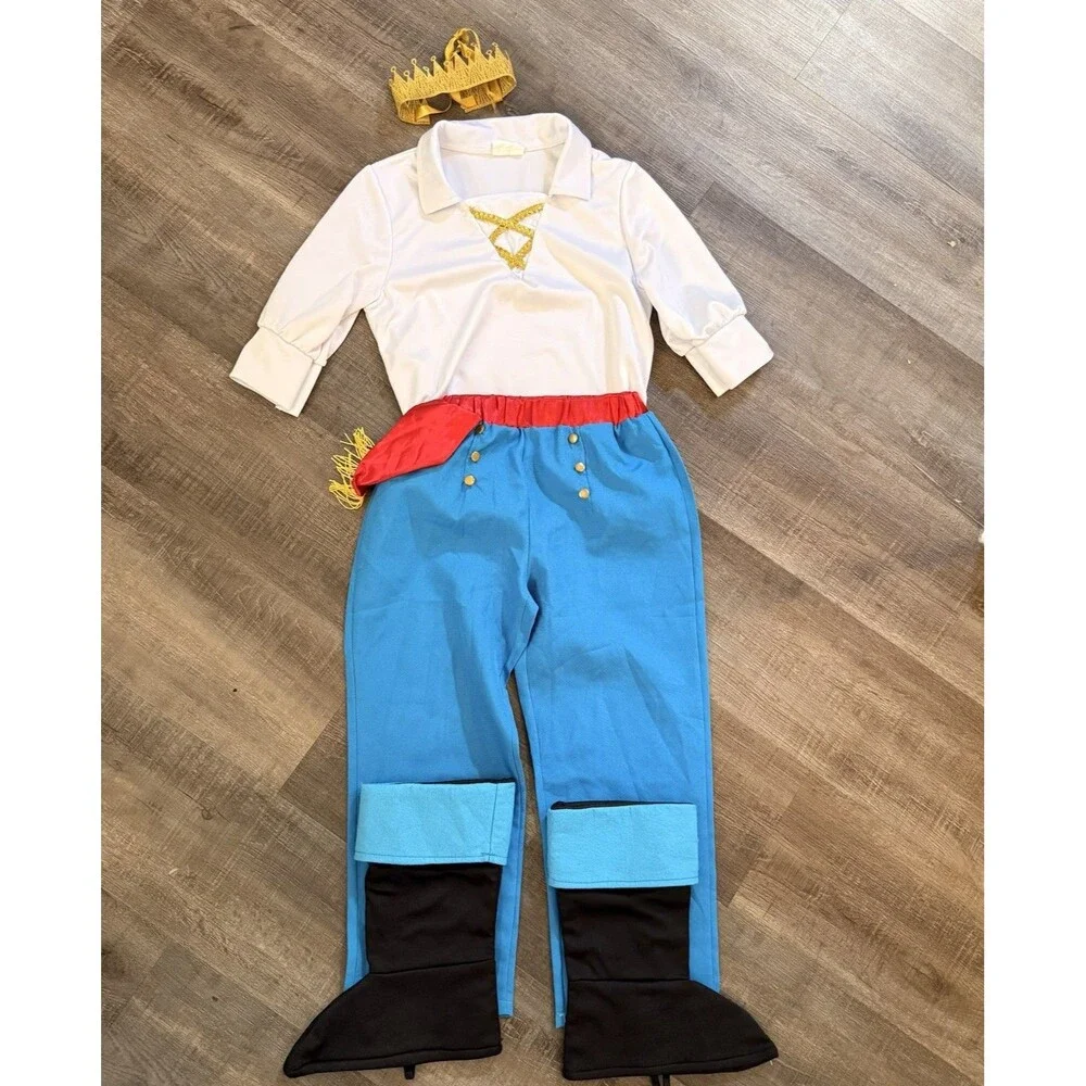 Prince Eric Little Mermaid Costume White Shirt, Blue Pants, Crown, Boot Covers S